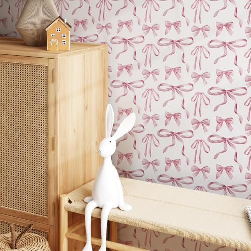 Alwayspon 480cmx38.6cm Self Adhesive Wallpaper, Furniture Transfer Sticker Decals Living Kids Girls Room Wall Art, Vinyl Film Roll for Drawer Cabinet Wardrobes Covering Decor, White and Pink Bow Tie