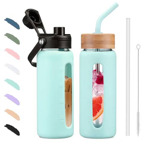 BLUEGO 600ML Gobelet en Verre Gourde avec Paille et 2 Couvercles Tasse à Café avec Marqueur de Temps et Protecteur en Silicone Bouteille pour Breuvages Soda Cola Sans BPA, Bleu clair