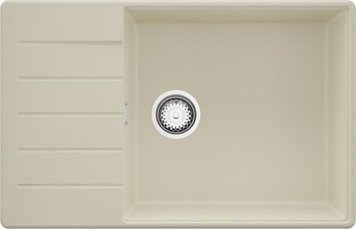 PRIMAGRAN Spülbecken ab 60er Unterschrank + Ablauf-Set, 78x50cm | Set: Ablauf-Set (Siphon, Ablaufgarnitur, Überlauf) + Granitspüle 1 Becken - Kopenhagen Top, Beige