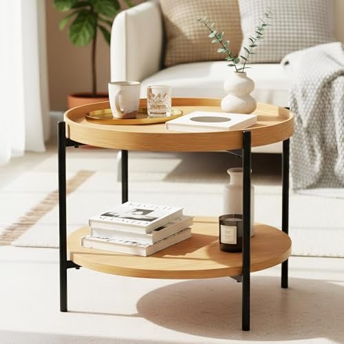 CLP Couchtisch rund Holz Corbitan, Sofatisch 2 Ebenen mit Stauraum, Beistelltisch klein Metallgestell schwarz Farbe Natur Größe Ø 50 cm
