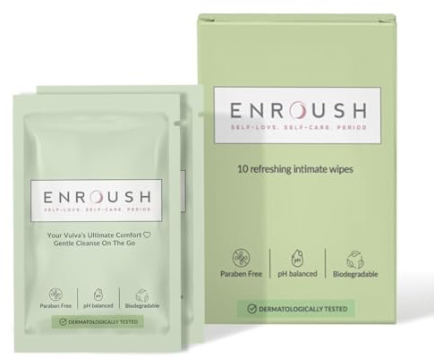 ENROUSH Intimate Wipes for Women, pH-Balanced Chamomile & Prebiotics, 10 Ct | Lactic acid wipes — soothing, gentle & biodegradable for fresh on-the-go use, dermatologically tested.
