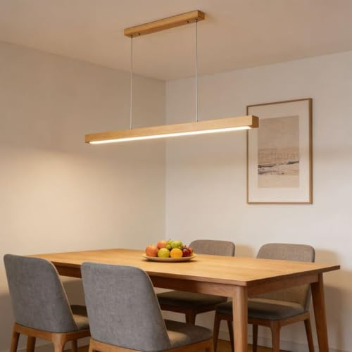 Deliouay Holz LED Hängelampe esstisch Dimmbar, Pendelleuchte mit Fernbedienung, Moderne Linear design Hängeleuchte,LED Esstischlampe hängend Höhenverstellbar für Esszimmer Küche büro (Holz, 80cm)