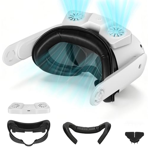 ODGG Face Cover Pad with Cooling Fan for Meta Quest 3, Upgraded Soft PU Leather Face Cover Compatible with Oculus Quest 3 Fan Cooler, Dual Cooling Fan Active Air Circulation Ventilation to Relieve