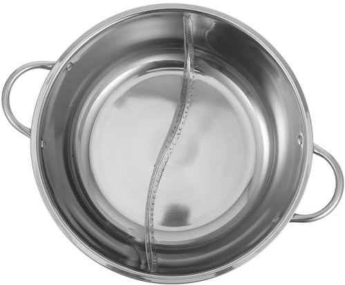 Divided Hot Pot Cooker Silver Stainless Steel with Handle | Dual-flavour Design, Polished Finish with Smooth Interior, Easy to Clean, Rust-proof and Wear-resistant