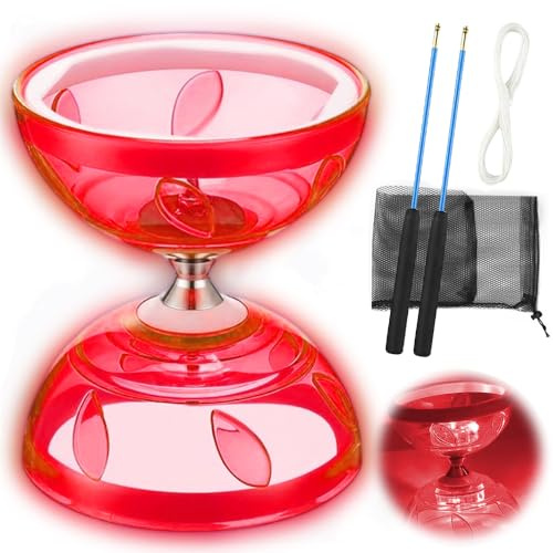 Diabolo Freiläufer mit kugellager Dreifache Lagerung Set, 4,5mm Diabolo Leuchtend im Dunkeln Freizeitsport Kinder Jonglierspielzeug mit Handstäben für Kinder & Erwachsene (Rot)