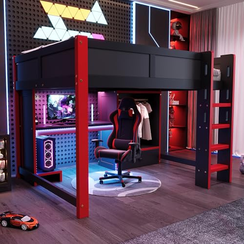 Lekvvied Letto a soppalco 140x200 cm con illuminazione LED, letto gaming con scrittoio, scrivania, scaletta, armadio, cassettiera, non materasso, nero + rosso