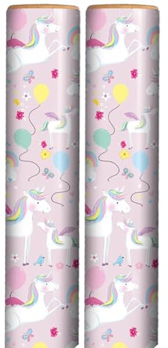 6m Children's Gift Wrapping Paper Roll 2x3m Birthday Unicorns Pink with Pastel Colour Balloons