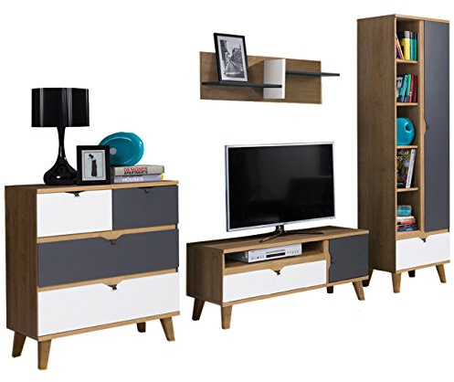 Mirjan24 Wohnwand Memone I, Stilvoll Wohnzimmer-Set, Elegante Wohnmöbell, Wohnzimmer Kollektion, Wandregal, Kommode, Regal, TV-Lowboard (Eiche Gold/Graphit + Weiß)