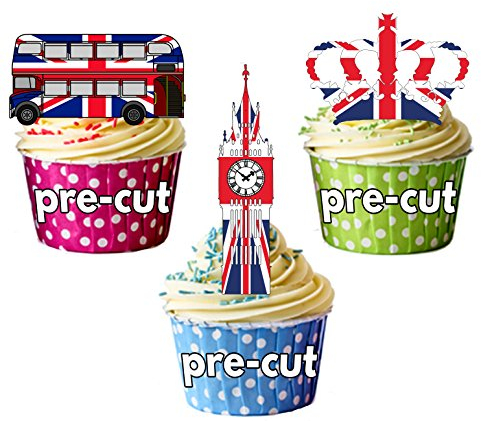 AK Giftshop PRE-CUT Union Jack London Party Pack - Edible Cupcake Toppers/Cake Decorations (pack of 36)