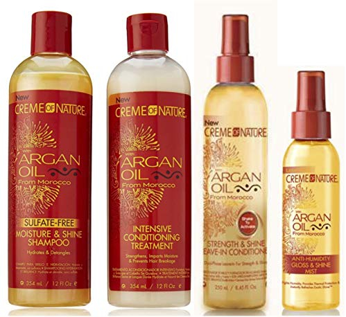 Crème Of Nature | 4er-Set mit Arganöl | Shampoo ohne Sulfate, 354 ml | Intensive Spülung, 354 ml | Leave-In-Spülung, 250 ml | Glanzspray bei hoher Luftfeuchtigkeit, 119 ml