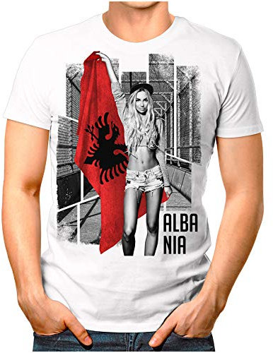 OM3® - Albania-Soccer-Girl - Herren T-Shirt Fan Support Fußball Trikot Sexy Frau Albanien Vintage Navy M