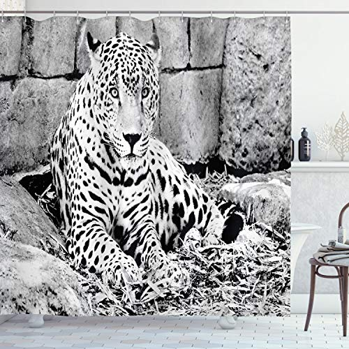 ABAKUHAUS Urwald Duschvorhang, Wild Tiger Jaguar, Stoffliches Gewebe Badezimmerdekorationsset mit Haken, 175 x 180 cm, Weiß Schwarz