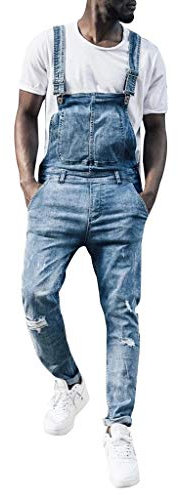 Salopette Homme Jean Slim Fashion Grande Taille Jumpsuit en Denim Pas Cher Vintage Pantalon Jeans Streetwear Combinaison (XL, Bleu)