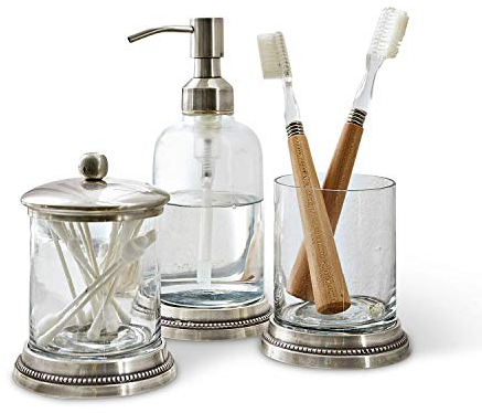 Loberon Bad-Set Drinapoly, Dose, Zahnbürstenhalter und Seifenspender, Feine Verzierung Klassisch Elegant, Badzubehör, Messing, Glas, klar/antiksilber