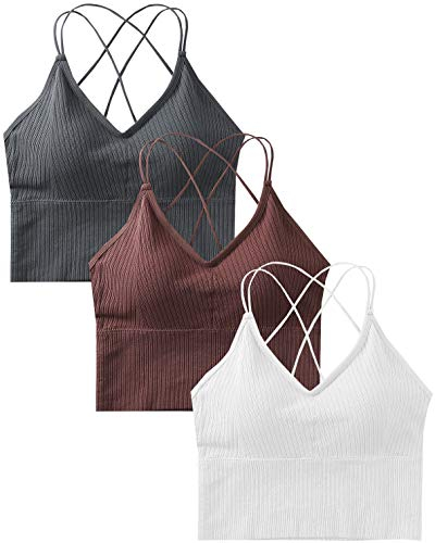 Sport BH Damen Bustier BH Ohne Bügel Sport Bra Top Spaghettiträger Cross Back Design Push up BH für Yoga Fitness, 3er Pack-Grau+weiß+kaffee-Einheitsgröße