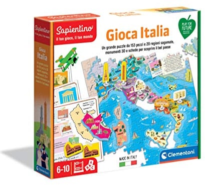 Clementoni Sapientino - Gioca Italia, Gioco Educativo Bambini 6-10 Anni, con Puzzle 153 Pezzi, 20 Regioni Sagomate, Monumenti 3D e Schede, Made in Italy, Linea Play for Future, Lingua Italiana, 16314