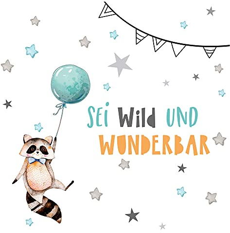 Little Deco Wandtattoo Kinderzimmer Mädchen Junge Deko Wandsticker Baby Tiere Dachs mit Luftballon Mint Wolken Sterne Spruch Boho Aufkleber Wandbild DL539-49