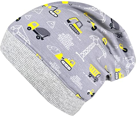 Wollhuhn ÖKO Leichte Bequeme Jungen Baustelle/Bagger Beanie-Mütze Elastisches Bündchen (aus Öko-Stoffen, Bio) 22222235 (Baustelle Grau-Gelb, 52-54)