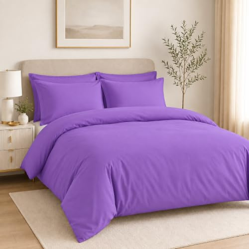 EXQUIZIT HOME® Duvet Quilt Cover Bedding Set with Matching Pillowcases Easy Care Plain Dyed Poly Cotton Soft Wrinkle Resistant Hotel Quality Machine Washable Bedding (Lilac, Single)
