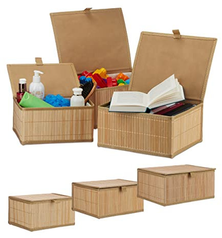 6 x Aufbewahrungskorb, mit Deckel & Stoffeinsatz, Bambuskorb, dekorative Aufbewahrungsbox, 3 Größen, Regalkorb, Natur