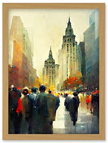 Doppelganger33 LTD Autumn On Wall Street New York City Painting Artwork Framed Wall Art Print A4