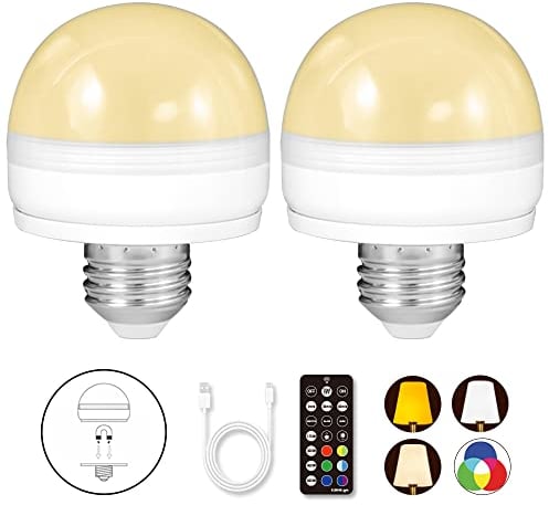 BLUEYE Rechargeable Battery Operated Light Bulb,2Packs,300LM,40W Equivalent,E27 Detachable Charging(E14 available),4 Color Temperature,Remote Control Puck Emergency Lamp,Timer,Dimmer,For Non-Hardwired