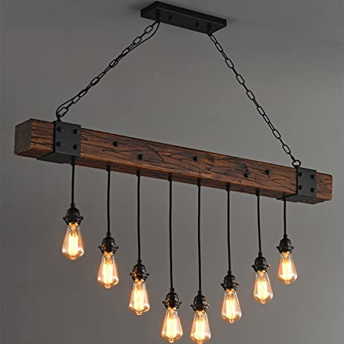 AIAO Pendelleuchte Holzbalken Esstisch Pendellampe Industrial Hängelampe Vintage Hängeleuchte110cm 8-Flammige Kronleuchter Retro Metall Für E27 Leuchtmittel Für Wohzimmer Bar Küche - Ohne Birne