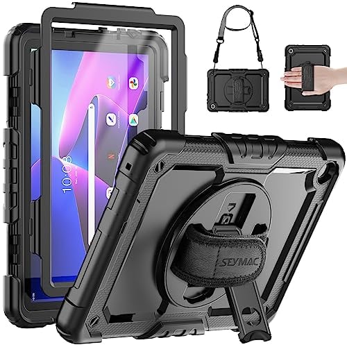 SEYMAC Custodia per Lenovo Tab M10 3rd Gen 10,1 Pollici 2022, Custodia per Lenovo Tab M10 Antiurto con Pellicola Protettiva per lo Schermo, Supporto Girevole a 360° e Cinturino da Polso,Tracolla, Nero