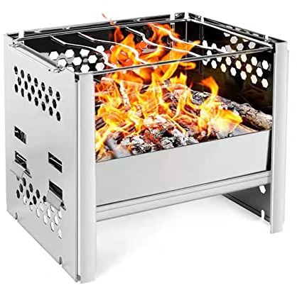 Grafner Réchaud de camping pliable 2 en 1, également utilisable comme mini barbecue, en acier inoxydable, faible dégagement de fumée, avec sac, réchaud pliable - Mini poêle à bois - Barbecue de poche