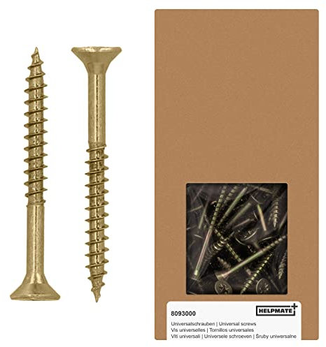 HELPMATE - Vis universelles tête fraisée 5x50 passivées jaune - 250 vis à bois avec entraînement PZ 2 et filetage partiel - Boulons pour panneaux de particules pour l'intérieur & l'extérieur protégé