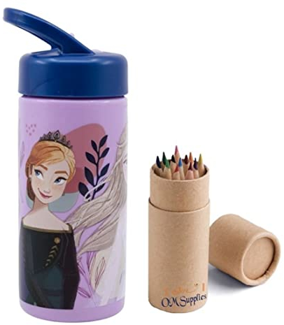 OM SUPPLIES Bouteille d'eau réutilisable avec poignée intégrée pour un transport facile à l'école, le déjeuner des enfants, 410 ml (La Reine des neiges)
