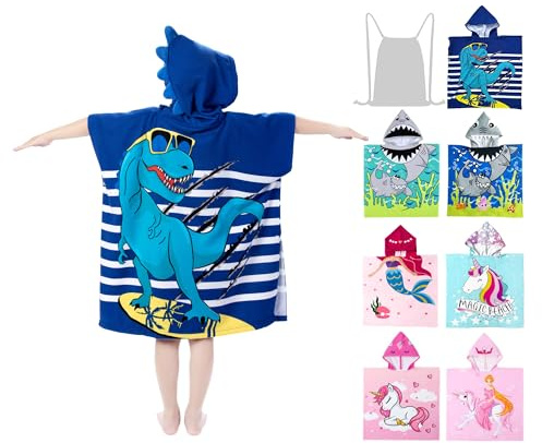 growell Hooded Kids Beach Towels - Toddler Bath Towel Girls Boys Swim Cover-ups for Ages 4 to 10 Kids Pool Towels Quick Dry Lightweight Soft Microfiber Poncho 30x30 with Bag (Navy Dinosaur)