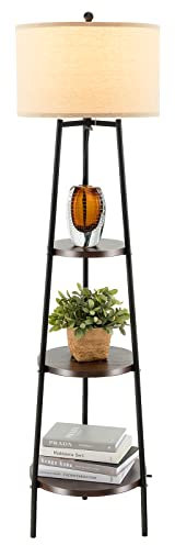 TANGZON Tripod Floor Lamp with Shelves, 3 Layers Wooden Shelf Tall Standing Light with Linen Lampshade & E27 Socket, Reading Lamp for Living Room Bedroom Decoration (Round)