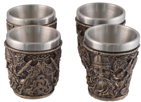 VOGLER Joh. Vogler GmbH Lot de 4 verres à shot en forme de tête de viking, avec insert en acier, en pierre artificielle, peint à la main, couleur bronze, volume : 50 ml
