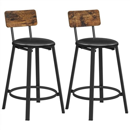 VASAGLE Bar Stools, Set of 2 PU Upholstered Breakfast Stools, Counter Height Stool, Footrest, Simple Assembly, Industrial, for Dining Room Kitchen Counter Bar, Rustic Brown and Ink Black LBC059B88