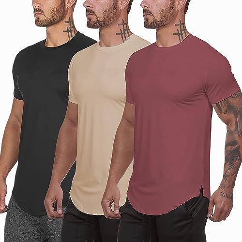 XYKJFIT Herren 3er-Pack Workout Gym Kurzarm T-Shirt Active Athletic T-Shirts Workout Casual Tee, Schwarz+Aprikose+tiefviolett, XXL