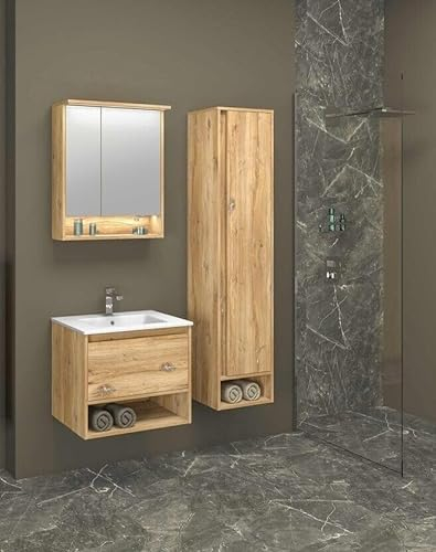 NAKA Badmöbel-Set mit Waschbecken 60 cm Waschtisch Spiegelschrank und Hochschrank mit Soft-Close-Mechanismus LED-Lampe für Badezimmer Badezimmermöbel Milano Eiche