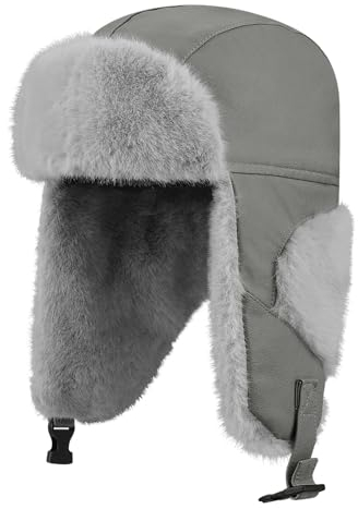 Clakllie Warm Faux Fur Leder Aviator Pilot Hat Herren Damen Trappermütze Fliegermütze Wintermütze Ohrenklappen Winddicht Bombermütze Russenmütze with Ear Flaps für Radfahren Snowboarden Skaten Gray