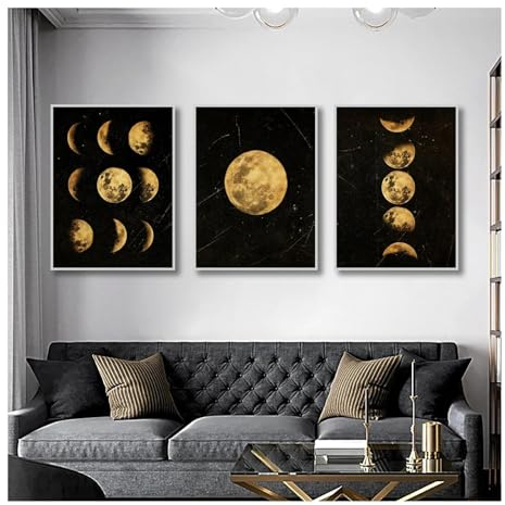 JGGXHM 3 Stück rahmenloses Wandbild, schwarzer und goldener Mond, Leinwandgemälde, Landschaftsbild, Wandkunst, Dekor für Zuhause, Wohnzimmer – (35 x 55 cm x 3), 14 x 22 Zoll, rahmenlos
