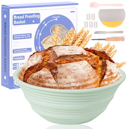 Ycgcp Silikon-Banneton-Brotgärkörbe, 22,9 cm, faltbar, Sauerteig-Brotbackzubehör, Sauerteig-Starter-Set, Teiggär-Schüssel und Werkzeuge zum Brotbacken, BPA-frei, Backzubehör (grün)