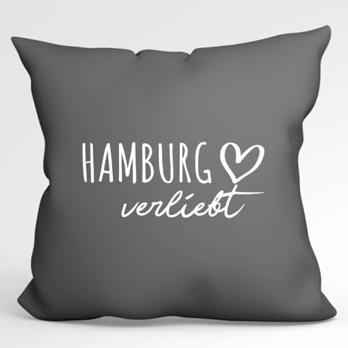 Huuraa Sofakissen Hamburg verliebt Geschenk 40x40cm mit Füllung Steel Grey Baumwolle Hamburg Mitbringsel