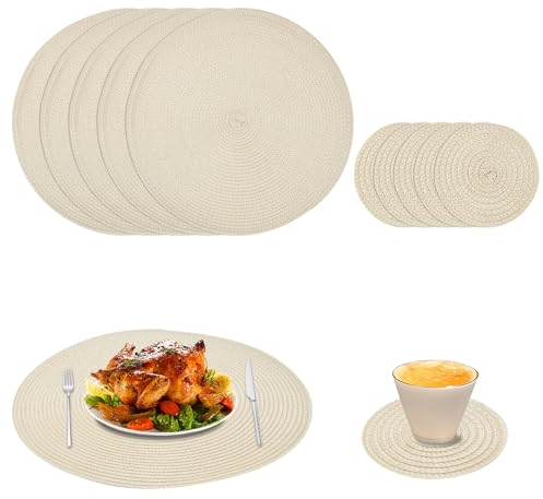 ADERTOS 12 Stück Tischsets Platzsets 38.5/9.6CM Rund PP Telleruntersetzer Geflochten Tischmatte Hitzebeständig rutschfest Tischuntersetzer Abwaschbar Tischdeckchen Tischunterlage für Teller Tasse