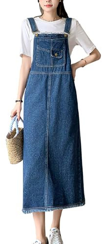 Yishengwan Donna Vestito Salopette Jeans Lunga Senza Maniche Denim Vestiti Overall con Tasca Blu S