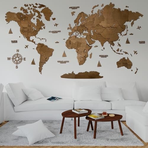WoodLeo Hölzerne Weltkarte (Deutsch) - 3D Art Large Wall Decor - Karte Größe (M, L, XL) Jeder Anlass Geschenkidee - Wandkunst für Haus, Küche oder Büro (VENGE, L (160x85 cm))
