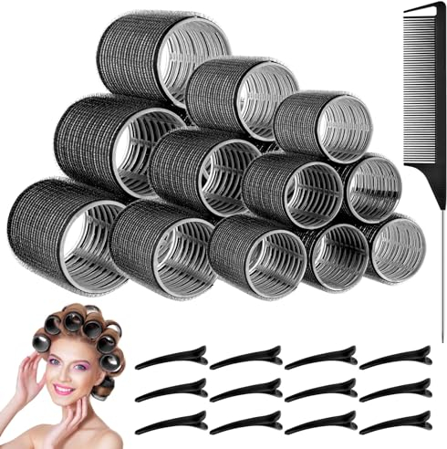 WuGU Bigoudis Cheveux, 31 Pièces Rouleau Cheveux, Gros Bigoudis Cheveux, 3 Tailles (64mm 48mm 36mm) Rouleaux Cheveux avec 12 Pinces Cheveux, Boucles Sans Chaleur, Bigoudis Cheveux Long & Court-Noir