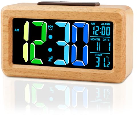 Ayybboo Wecker Digital Holz,Großes LCD-Display mit Bunten Ziffern, Helligkeitssensor,Schlummerfunktion,Batteriebetrieben & Kabelaufladbar,Geeignet für Schlafzimmer Büro (Inklusive 1,5M Kabel)