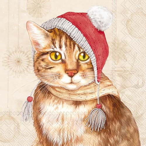 20 Servietten Weihnachten Katze mit Weihnachtsmütze als Tischdeko. Papierservietten mit Motiv. Auch für Decoupage und Serviettentechnik 33x33cm