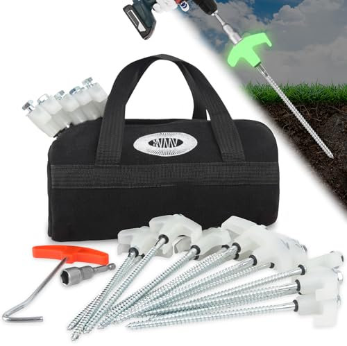 NVAAV 20PCS 8 Screw-in Tent Stakes for Drill with Storage Bag - Heavy Duty Glow-in-The-Dark Ground Anchors with Hex Drill Bit, Peg Puller for Securing Swing Sets, Canopies, Sheds & More Outdoor Use