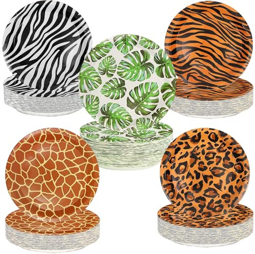 HSPAIDYP 50Pcs Jungle Safari Wild Animal Party Supplies, 7 Animal Print Paper Plates, Disposable Dessert Plates for Safari Themed Parties