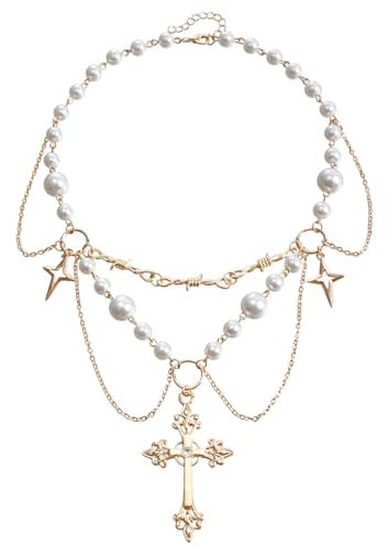 Jascatin Vintage Quaste Halloween Kreuz Anhänger Halskette Halsband Halsketten Perlen Perlen Choker Halskette Kette für Frauen und Mädchen, Metall